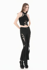 Black Women's Punk Buckled Straps Cut-Out Sheer Mesh Patchwork Flare Pants - Product - 11