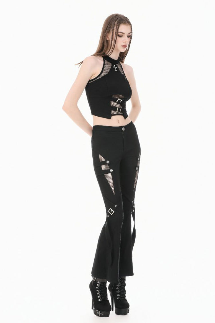 Black Women's Punk Buckled Straps Cut-Out Sheer Mesh Patchwork Flare Pants - Product - 11