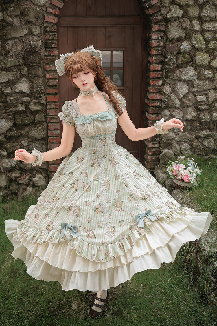 Green [An Encounter with Austin] Square Collar Short Sleeves Multi-Layered Rose Printed Ruffled Bow Lace Sweet Lolita Dress 2 Versions - Product - 20
