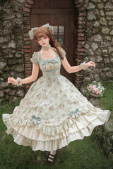 Green [An Encounter with Austin] Square Collar Short Sleeves Multi-Layered Rose Printed Ruffled Bow Lace Sweet Lolita Dress 2 Versions - Product - 20