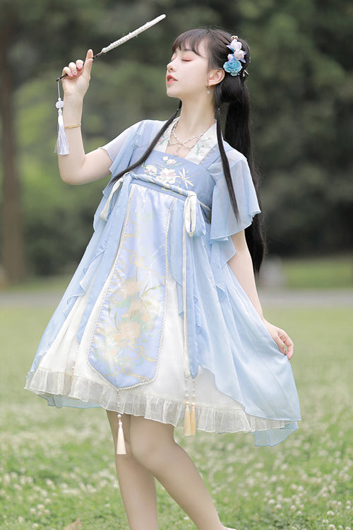 Blue Neckline Embroidered Lotus Print Sweet Lolita Dress Full Set - Product - 2