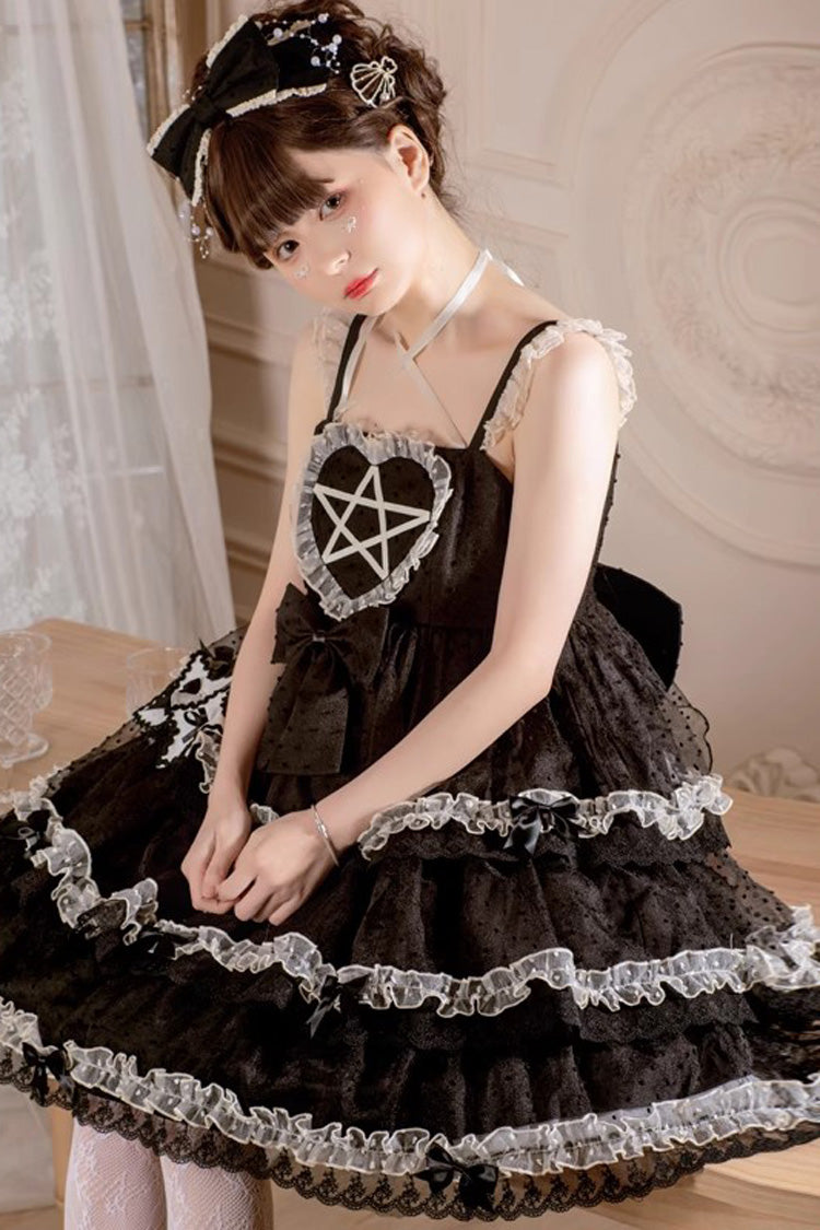 Black [Du Meisha's Star Wish] Sleeveless Triple-Layered Jacquard Ruffle Bowknot Sweet Gothic Lolita Jsk Dress - Product - 2