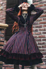 Point Manor Stand Collar Long Sleeves Multi-layer Striped Print Ruffle Gothic Lolita Dress 4 Colors - Product - 6