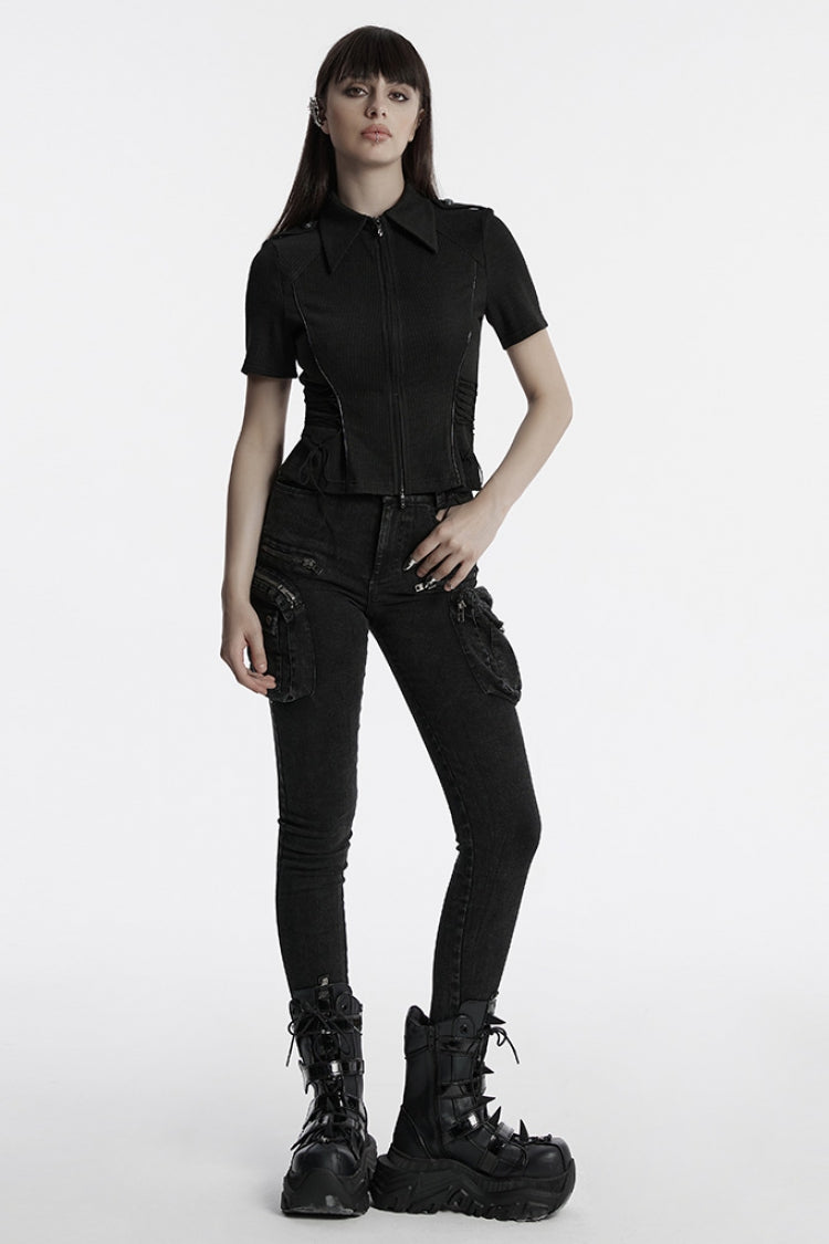 Black Lapel Collar Long Sleeves Lace-Up Women's Punk Military Blouse - Product - 4