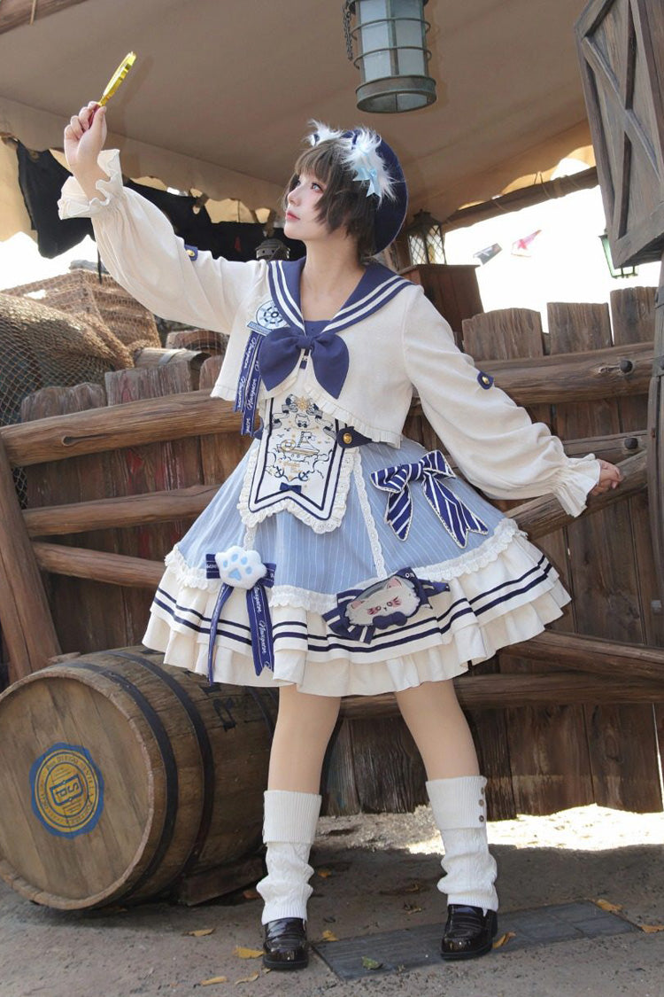 Blue/Ivory [Ride the Wind and Waves] Double-Layered Printed Ruffled Bow Lace Sweet Lolita Jsk Dress Set (Coat Included) - Product - 5