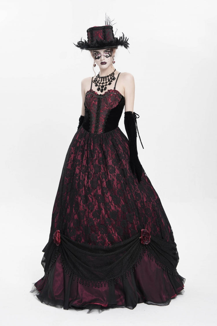 Red Jacquard Embroidery Floral Beaded Women's Gothic Long Slip Dress - Product - 7