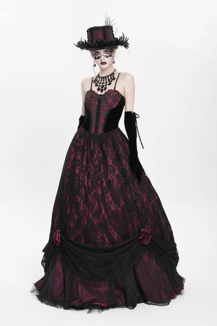 Red Jacquard Embroidery Floral Beaded Women's Gothic Long Slip Dress - Product - 7