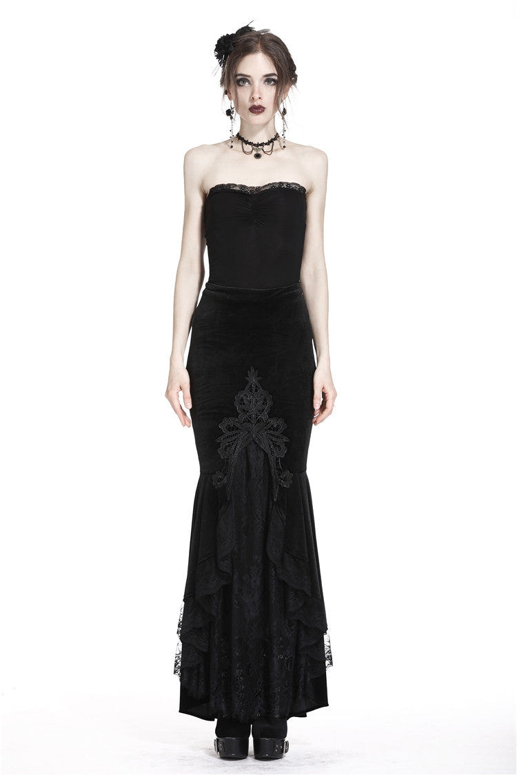 Black Velour Lace Spliced Women's Gothic Mermaid Maxi Skirt - Black - 1