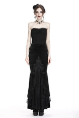 Black Velour Lace Spliced Women's Gothic Mermaid Maxi Skirt - Black - 1