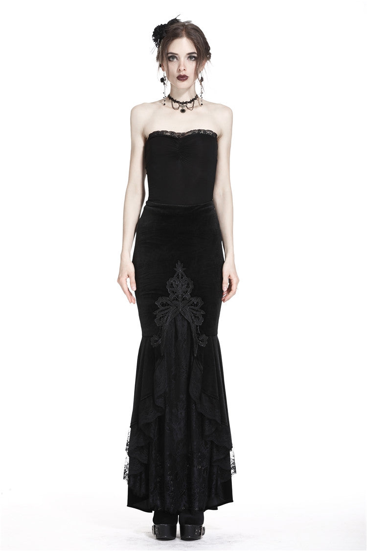 Black Velour Lace Spliced Women's Gothic Mermaid Maxi Skirt - Black - 1