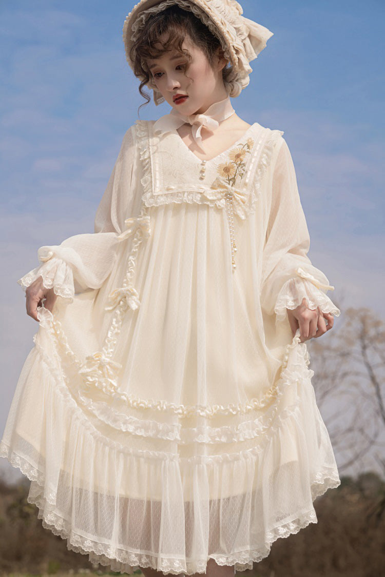 Ivory [Sunflower Diary] Long Sleeves Ruffle Embroidery Bowknot Lace Chiffon Sweet Princess Lolita Dress - Product - 2