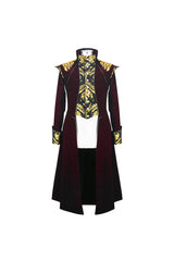 Black/Red Jacquard Gold Faded Buttons Fleece Long Men's Gothic Coat - Product - 5