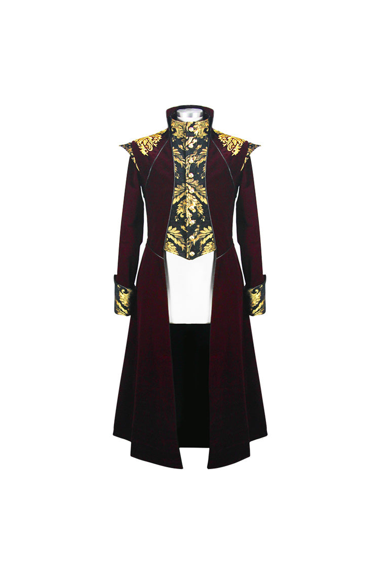 Black/Red Jacquard Gold Faded Buttons Fleece Long Men's Gothic Coat - Product - 5