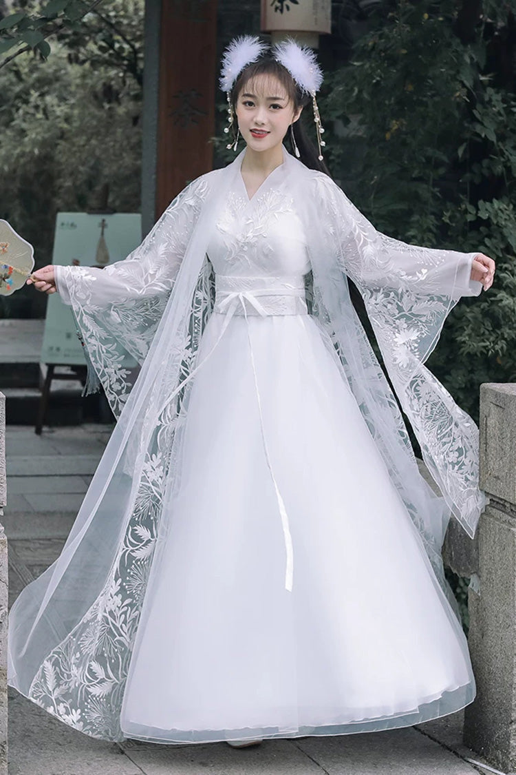 Fairy-Like Ancient Chinese Inspired Long Sleeves Embroidered Casual Hanfu Dress Set 3 Colors - White - 1