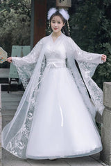 Fairy-Like Ancient Chinese Inspired Long Sleeves Embroidered Casual Hanfu Dress Set 3 Colors - White - 1