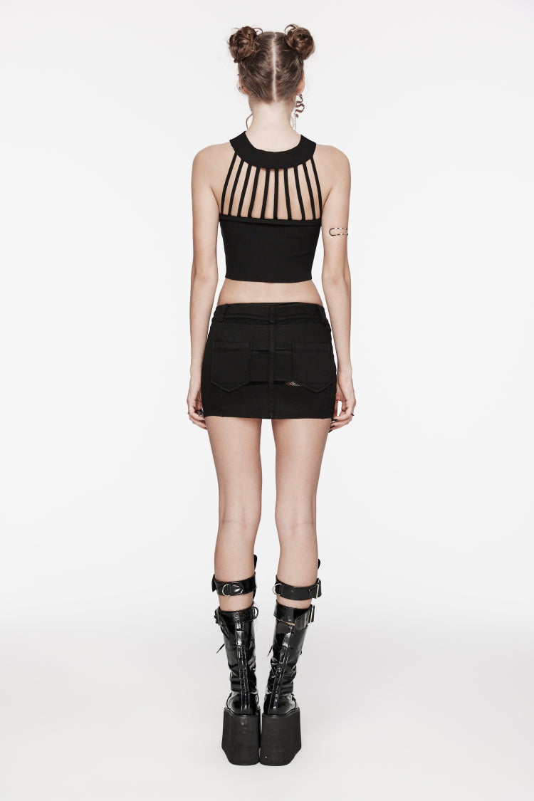 Black Patchwork Slim Fit Mesh Zippered Eyelet Women's Punk Cool Skirt - Product - 2