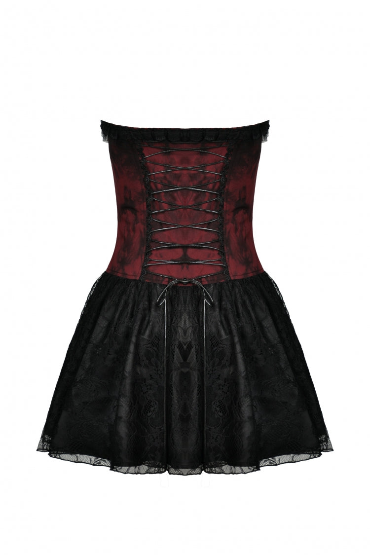 Wine Red Off Shoulder Lace Lace-Up Zippered Women's Gothic Strapless Graduation Dress - Product - 12