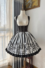 Black/White [A Weird Christmas] Sleeveless Printed Ruffled Gothic Lolita Bust-Support JSK Dress - Black/White - 1
