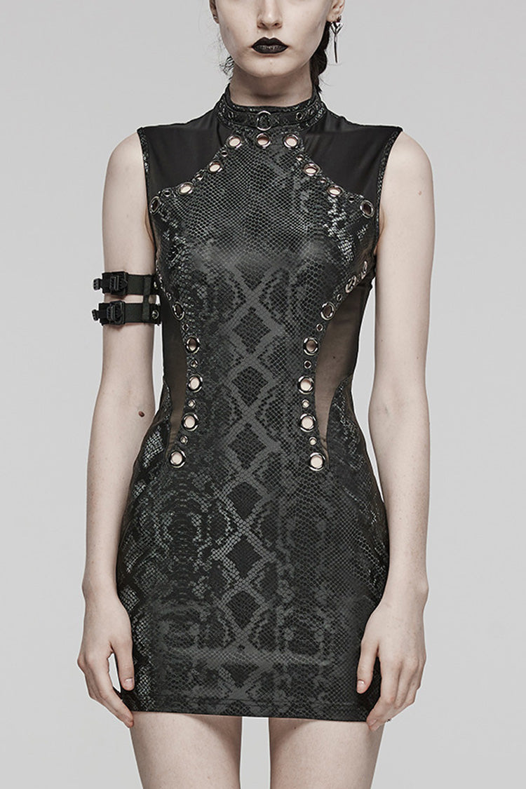 Black Sleeveless Metal Rings Hollow Mesh Women's Steampunk Dress - Black - 1