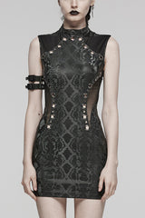 Black Sleeveless Metal Rings Hollow Mesh Women's Steampunk Dress - Black - 1