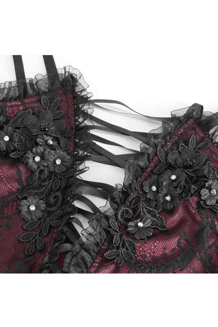 Red Embroidery Stitching Lace Lace-Up Women's Gothic Blouse - Product - 8