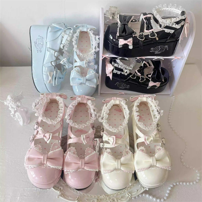Confession Willingness Height Increasing Print Bowknot Lace Sweet Lolita Shoes 4 Colors - Product - 2