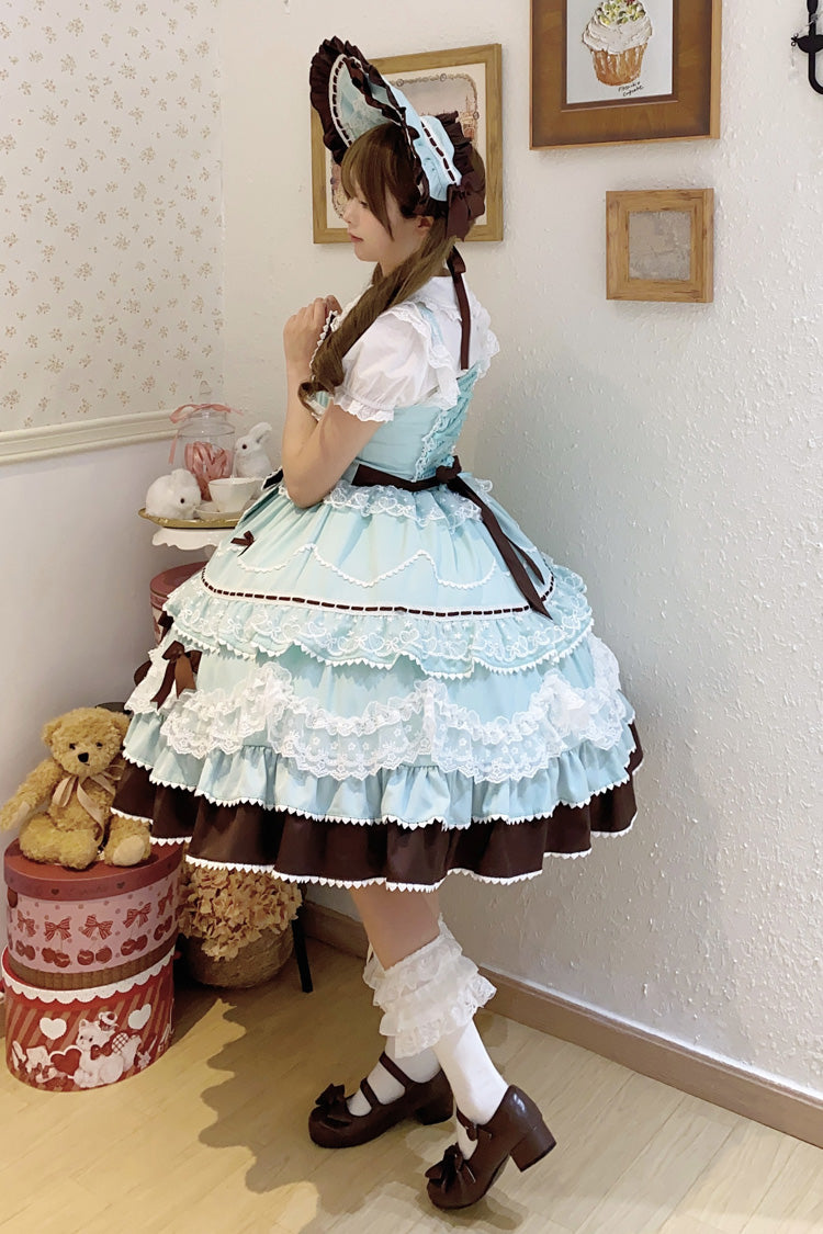 Mint Chocolate [Fondant Cake] Sleeveless Multi-Layered Ruffle Bowknot Lace Sweet Lolita Jsk Dress - Product - 9