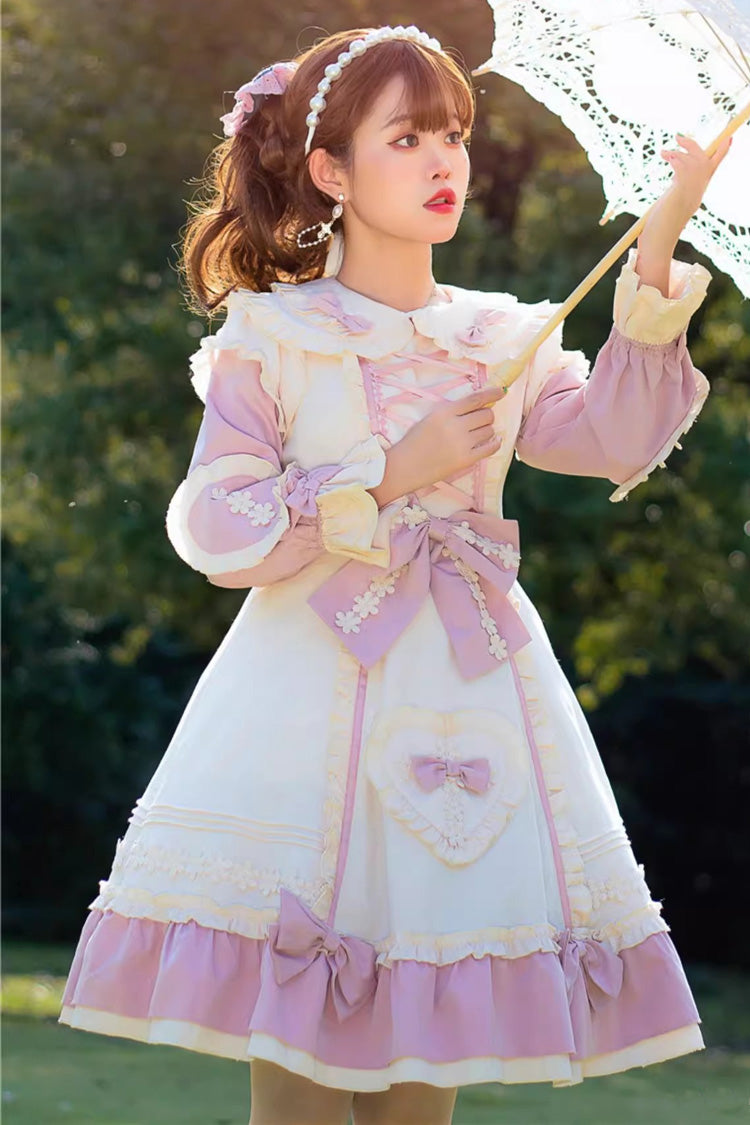 Pink/White [Little Florist] Long Sleeves Ruffle Bowknot Lace-Up Sweet Plus Size Princess Lolita Dress - Product - 2