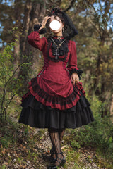 Point Manor Solid Color Stand Collar Long Sleeves Multi-layer Ruffle Gothic Lolita Dress 5 Colors - Red - 1