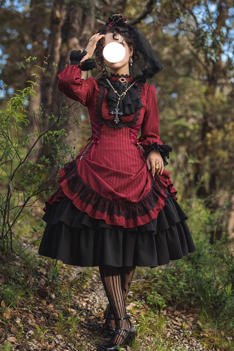 Point Manor Solid Color Stand Collar Long Sleeves Multi-layer Ruffle Gothic Lolita Dress 5 Colors - Red - 1