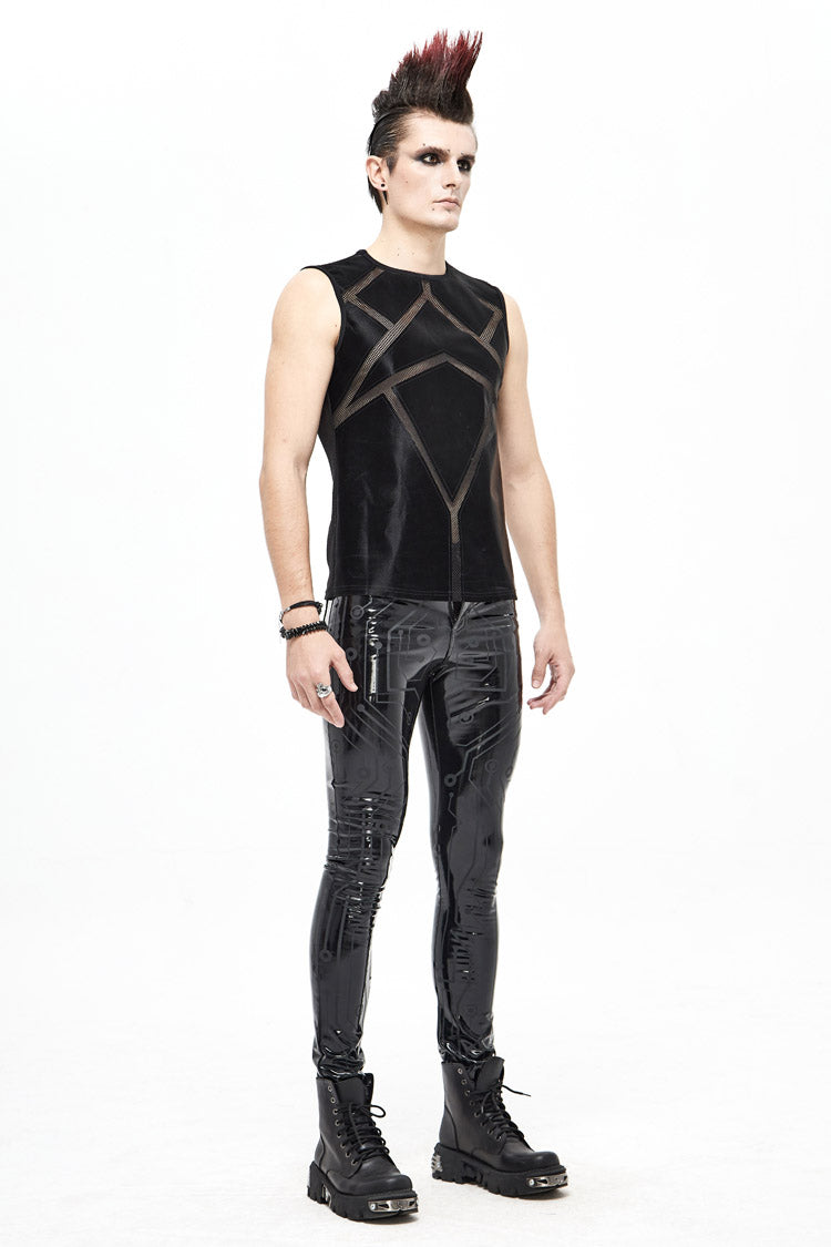 Black Shiny Knits Splice Armor Modeling Mesh Men's Punk Vest - Product - 5