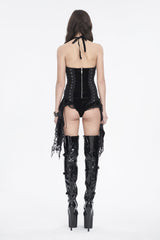 Black Off Shoulder Lace Lace-Up Slim Zippered Women's Gothic Ruffled Bodysuit - Product - 2
