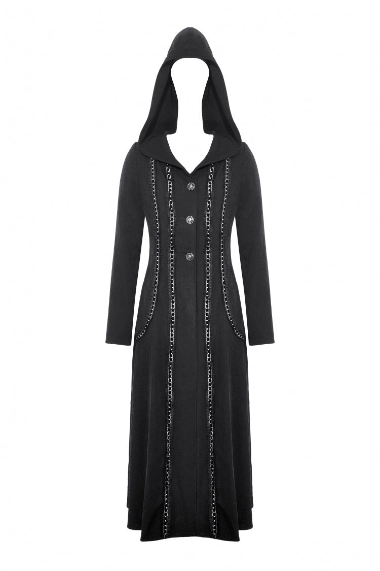 Black Long Sleeves Ruffled Lace-Up Women's Punk Long Jacket with Hood - Product - 3