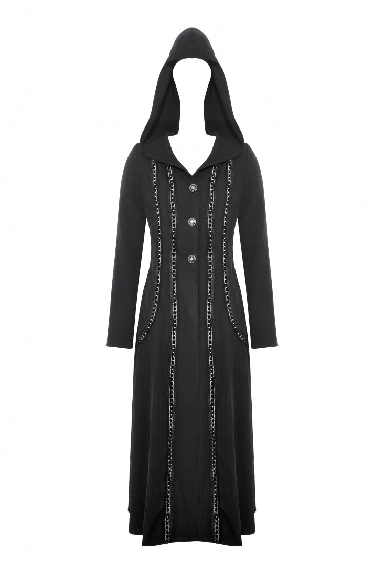 Black Long Sleeves Ruffled Lace-Up Women's Punk Long Jacket with Hood - Product - 3