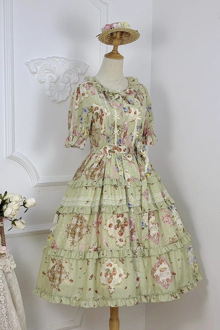 グリーン [Cat Rose Tea] 半袖 プリント フリル カーディガン リボン デイリー スウィートロリータワンピース 商品画像