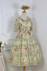 Green [Cat Rose Tea] Short Sleeves Print Ruffle Cardigan Bowknot Daily Sweet Lolita Dress - Product - 8