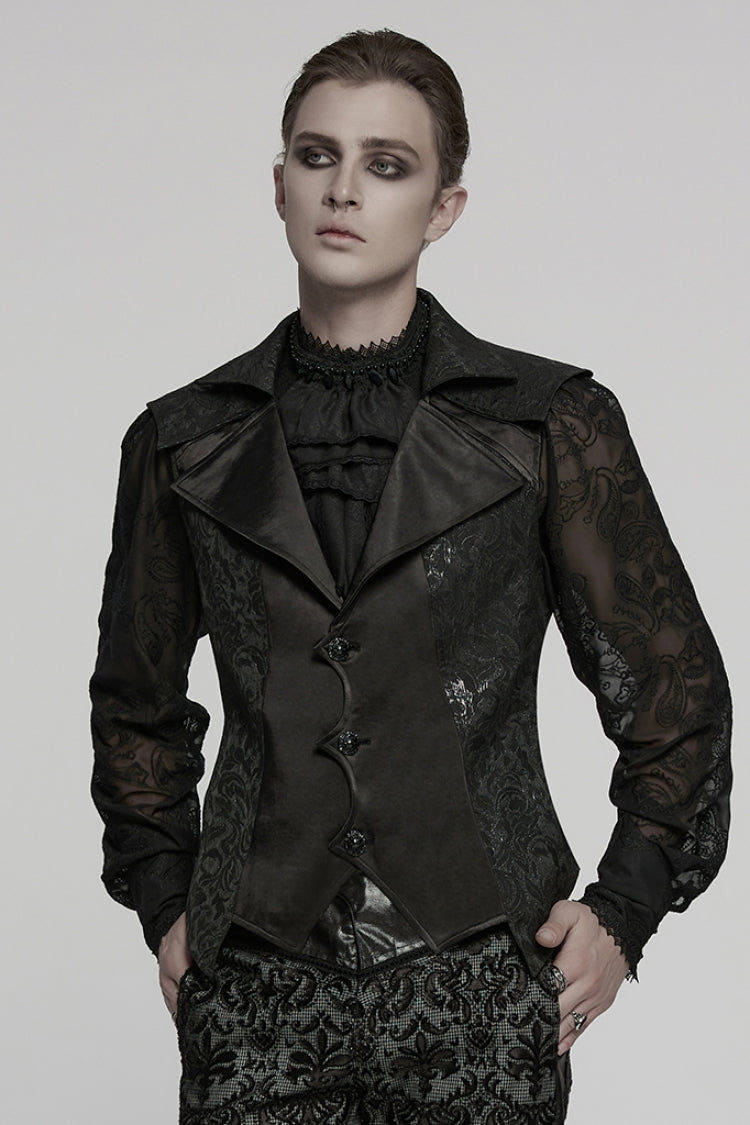 Black Lapel V Collar Long Sleeves Embroidery Men's Gothic Vest - Black - 1