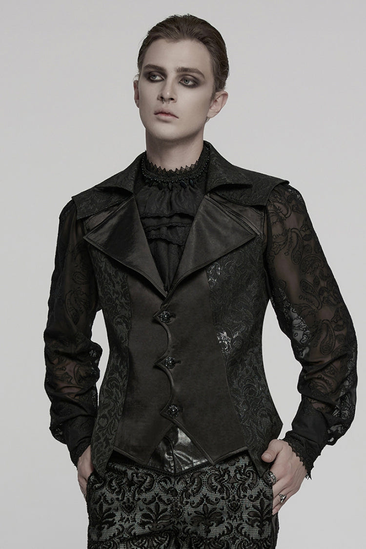 Black Lapel V Collar Long Sleeves Embroidery Men's Gothic Vest - Black - 1