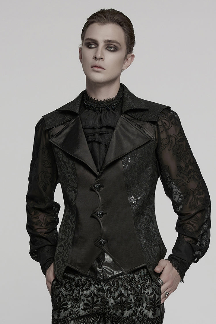 Black Lapel V Collar Long Sleeves Embroidery Men's Gothic Vest - Black - 1