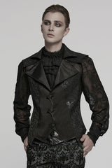 Black Lapel V Collar Long Sleeves Embroidery Men's Gothic Vest - Black - 1