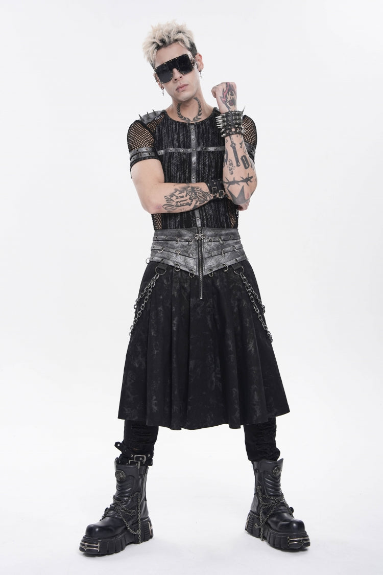 Black Printed Spliced Lace-Up Pleated Chain-Decorated Men's Punk Skirt - Product - 8