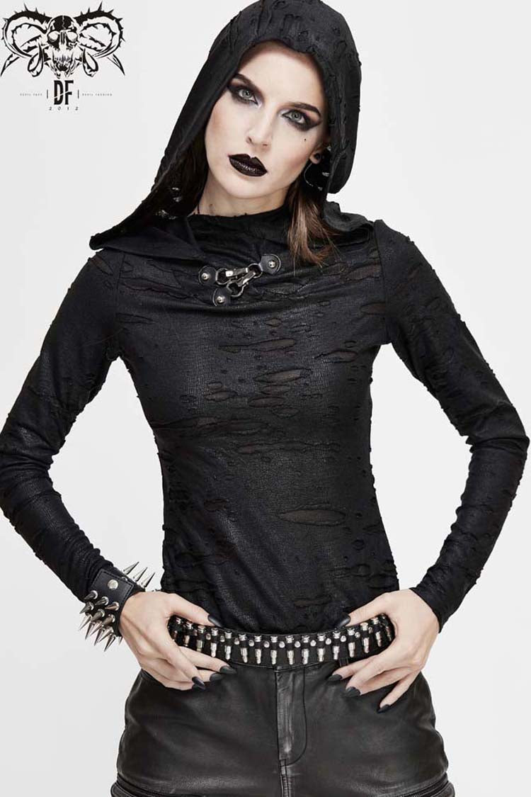 Black Hooded Snakeskin Ripped Pattern Triangle Metal Nail Asymmetrical Women's Punk Shirt - Product - 3