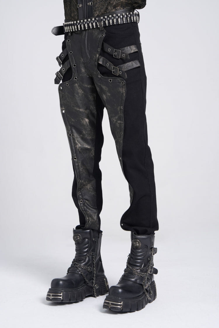 Black/Grey Faux Leather Stitching Buckle Men's Punk Pants - Product - 3