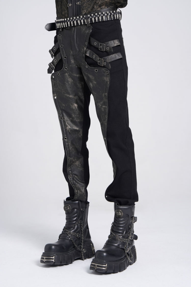 Black/Grey Faux Leather Stitching Buckle Men's Punk Pants - Product - 3