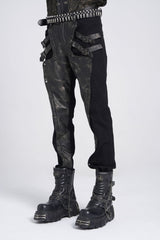 Black/Grey Faux Leather Stitching Buckle Men's Punk Pants - Product - 3