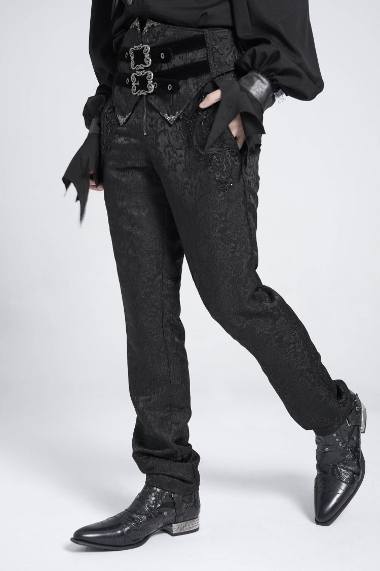 Black Double Buckles High Waisted Embroidery Men's Gothic Suit Pants - Product - 4