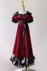 Red Square Collar Short Sleeves Ruffle Bowknot Sweet Regency-Style Vintage Lolita Dress - Product - 3