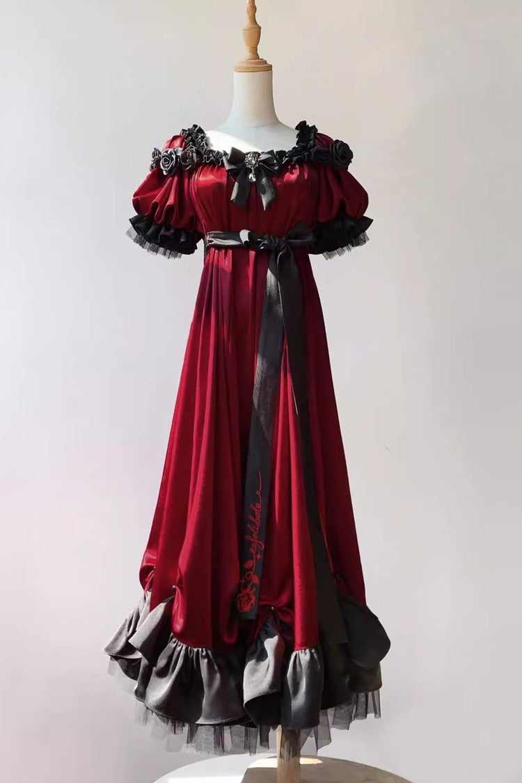Red Square Collar Short Sleeves Ruffle Bowknot Sweet Regency-Style Vintage Lolita Dress - Product - 3