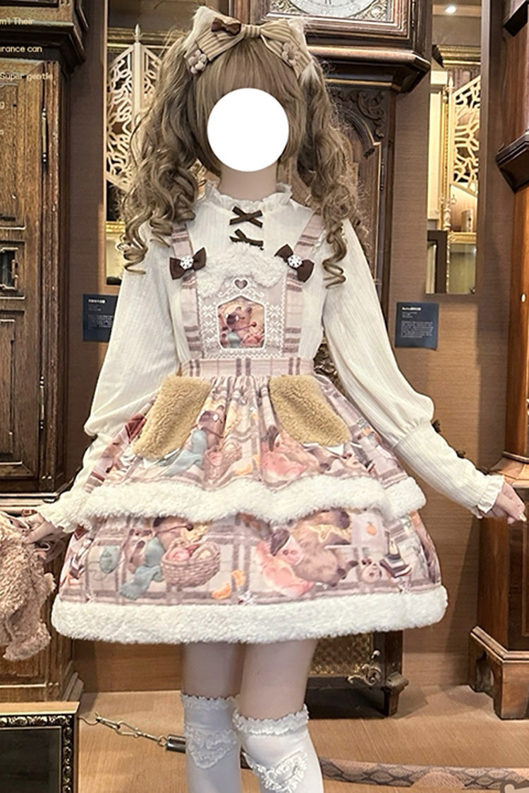 Pink/Purple [Capybara] Double-Layered Print Fluffy Fall Winter Sweet Lolita Jsk Dress - Product - 8