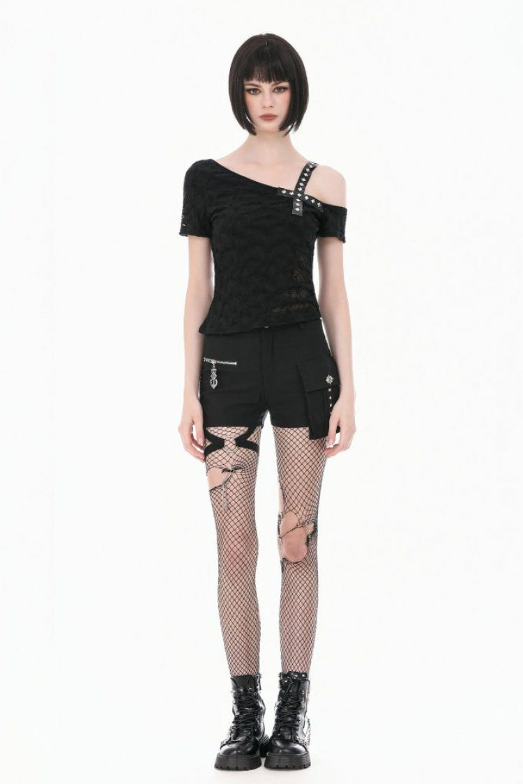 Black Off Shoulder Short Sleeves Studded Cross Straps Asymmetric Women's Punk Top - Product - 6